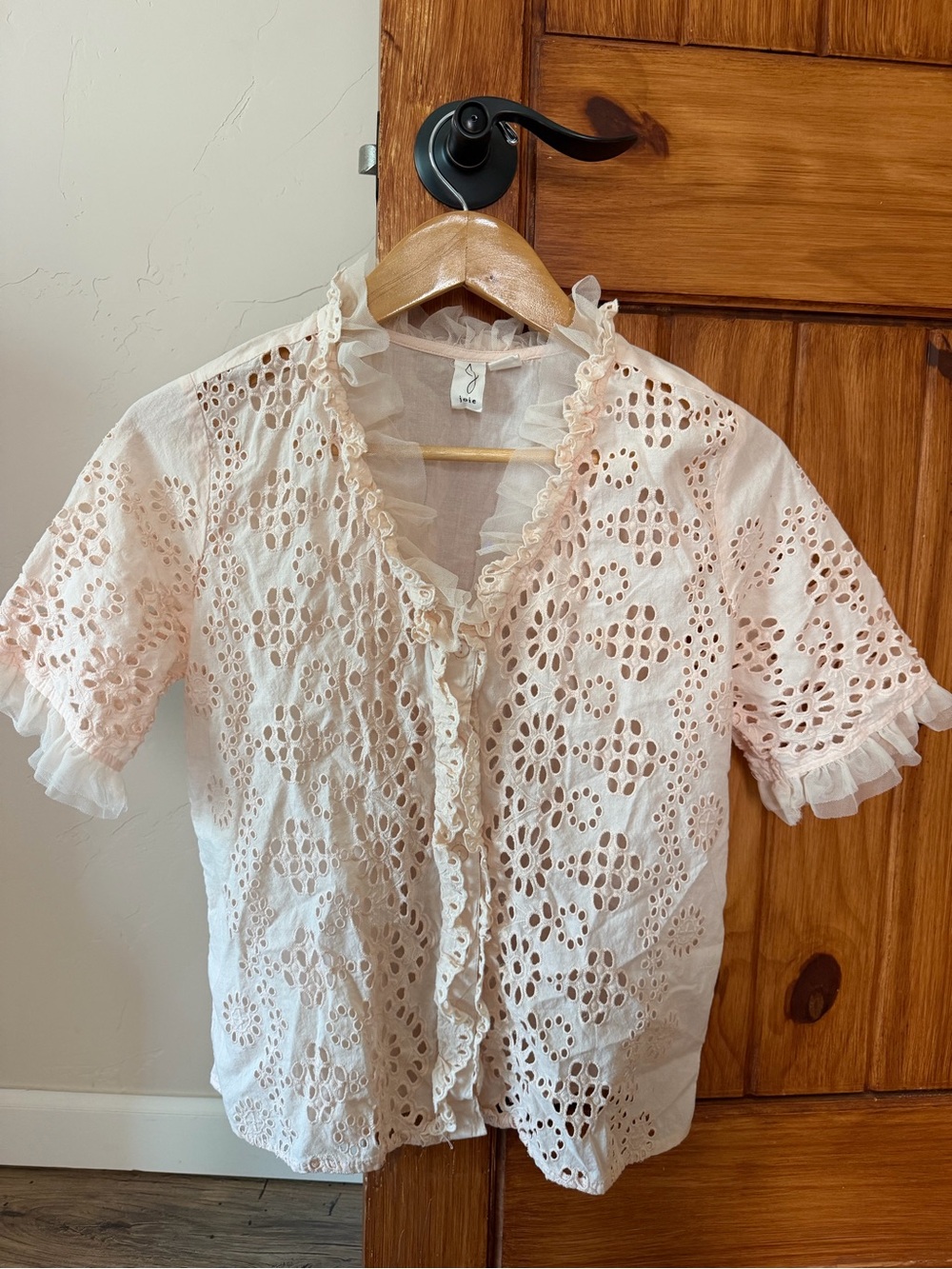 Joie Pink/Peach Eyelet Ruffle Blouse - Size Small - Cotton Lace Detail